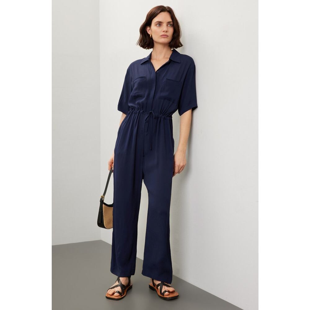 THAKOON COLLECTIVE Navy Button Front Tie Waist Jumpsuit Size 6